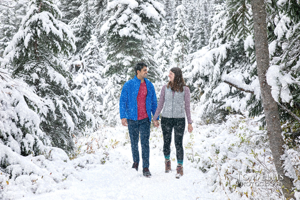 Katie and Shivam at Reflection Lake on Mt Rainier during their surprise proposal and engagement photo session. Tom Ellis Photography, Seattle engagement photographer