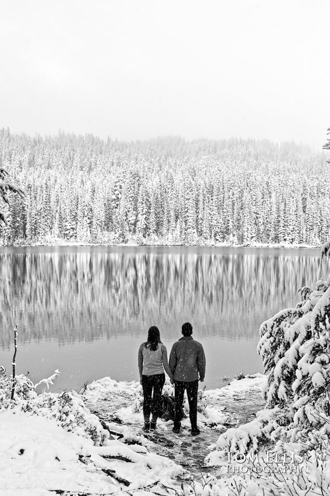 Katie and Shivam at Reflection Lake on Mt Rainier during their surprise proposal and engagement photo session. Tom Ellis Photography, Seattle engagement photographer