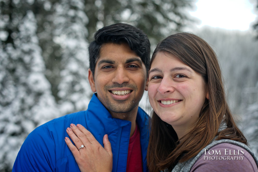 Katie and Shivam at Reflection Lake on Mt Rainier during their surprise proposal and engagement photo session. Tom Ellis Photography, Seattle engagement photographer