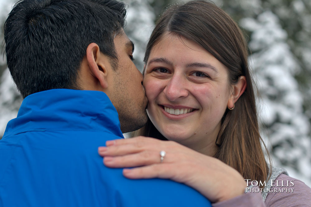 Katie and Shivam at Reflection Lake on Mt Rainier during their surprise proposal and engagement photo session. Tom Ellis Photography, Seattle engagement photographer