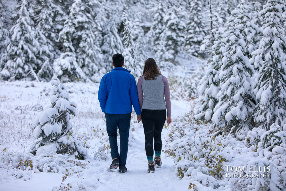 Katie and Shivam at Reflection Lake on Mt Rainier during their surprise proposal and engagement photo session. Tom Ellis Photography, Seattle engagement photographer