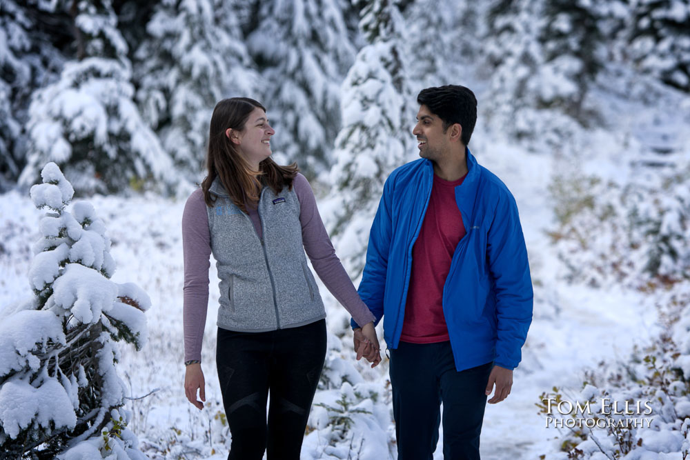 Katie and Shivam at Reflection Lake on Mt Rainier during their surprise proposal and engagement photo session. Tom Ellis Photography, Seattle engagement photographer