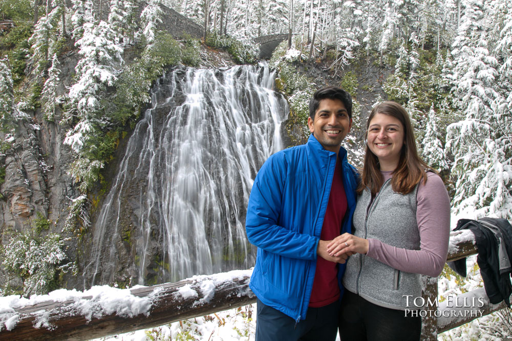Katie and Shivam at Reflection Lake on Mt Rainier during their surprise proposal and engagement photo session. Tom Ellis Photography, Seattle engagement photographer