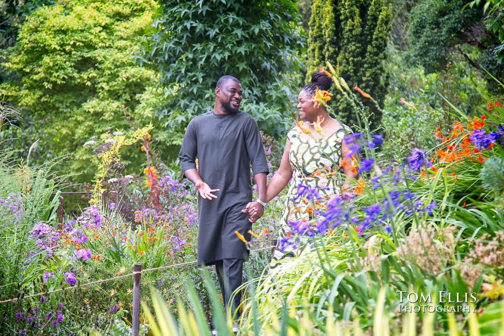 Sue and Shahanun on one of the trails at the Bellevue Botanical Garden during our engagment photo session. Tom Ellis Photography, Seattle engagement photographer