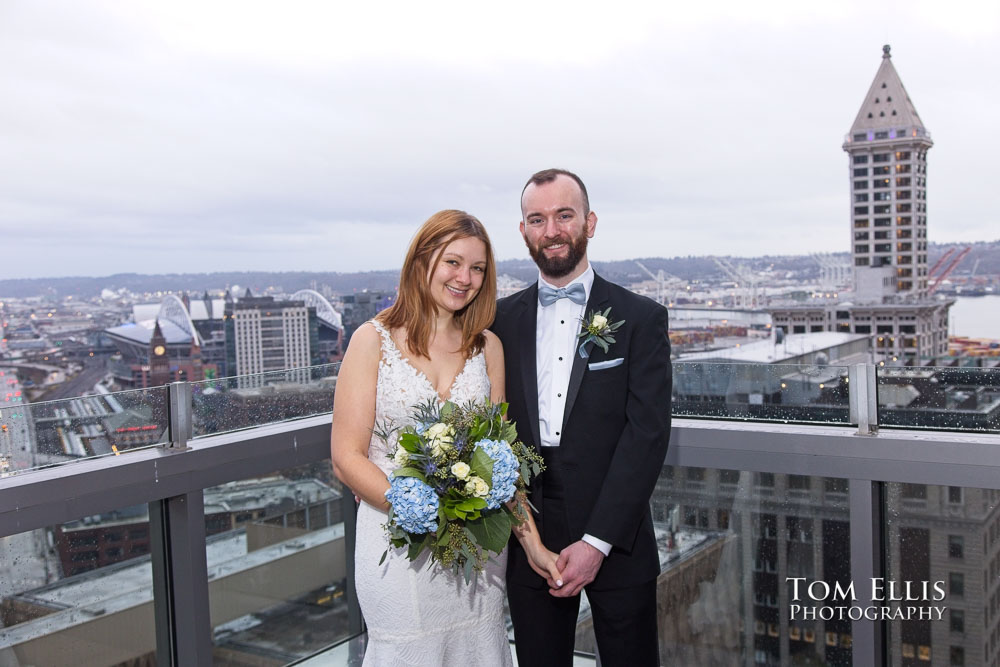 Destiny and Myles on the rooftop of the Seattle Courthouse before their elopement wedding. Tom Ellis Photography, Seattle elopement photographer