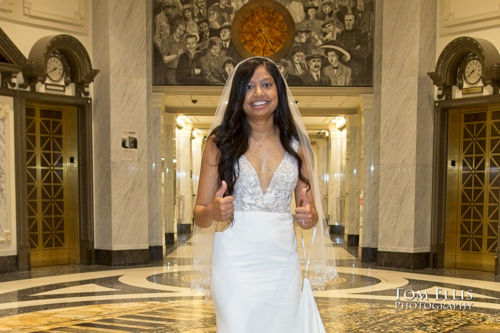 Rashmi and Sebastien had an elopement wedding ceremony at the King County Courthouse in Seattle. 