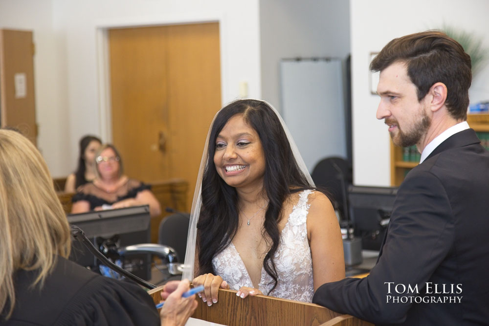 Rashmi and Sebastien had an elopement wedding ceremony at the King County Courthouse in Seattle. 