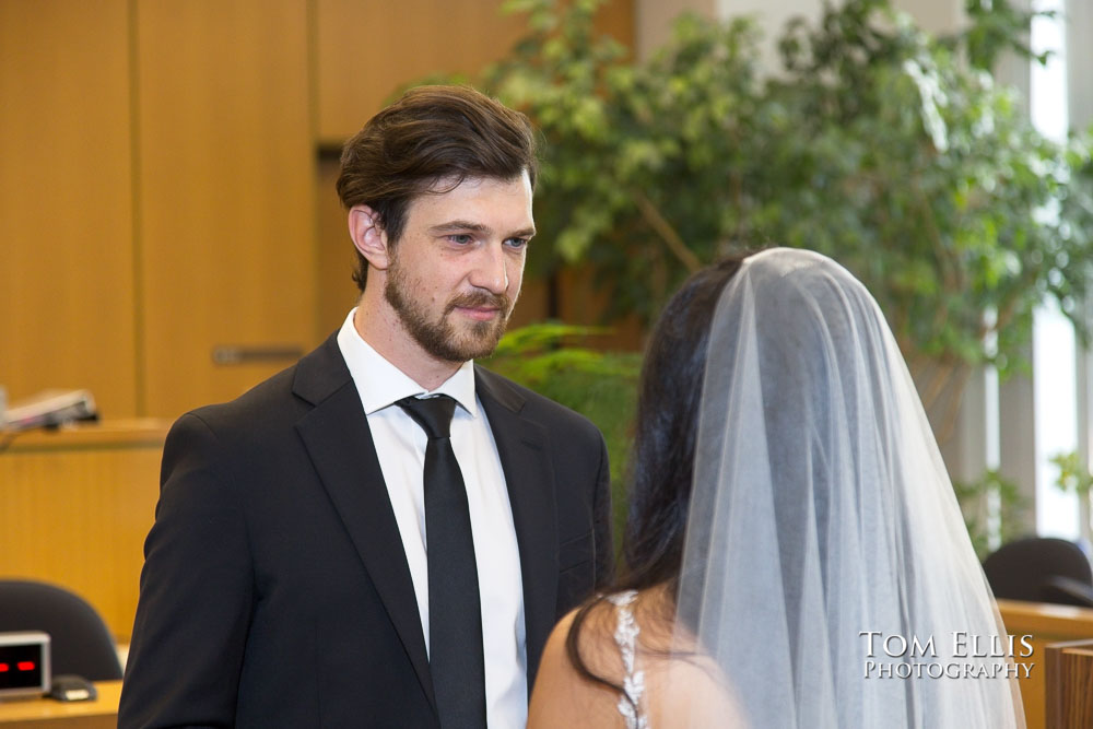 Rashmi and Sebastien had an elopement wedding ceremony at the King County Courthouse in Seattle. 