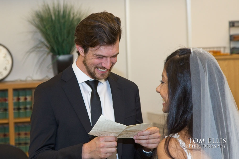 Rashmi and Sebastien had an elopement wedding ceremony at the King County Courthouse in Seattle. 