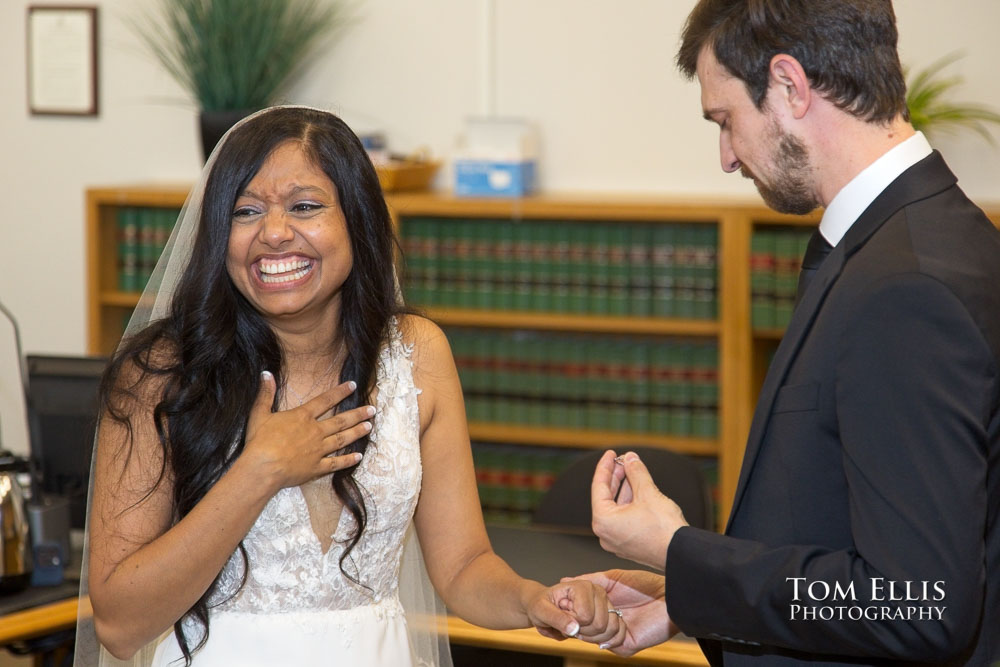 Rashmi and Sebastien had an elopement wedding ceremony at the King County Courthouse in Seattle. 